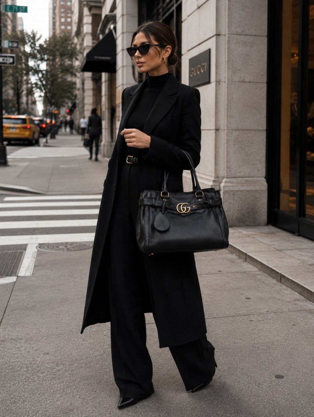 AUTHENTIC Gucci Black Leather Running Tote with Gold Double G Buckle